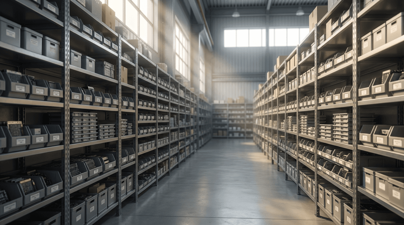 Warehouse corridor with organized metal shelving displaying electronic components, natural light filtering through with atmospheric depth.
