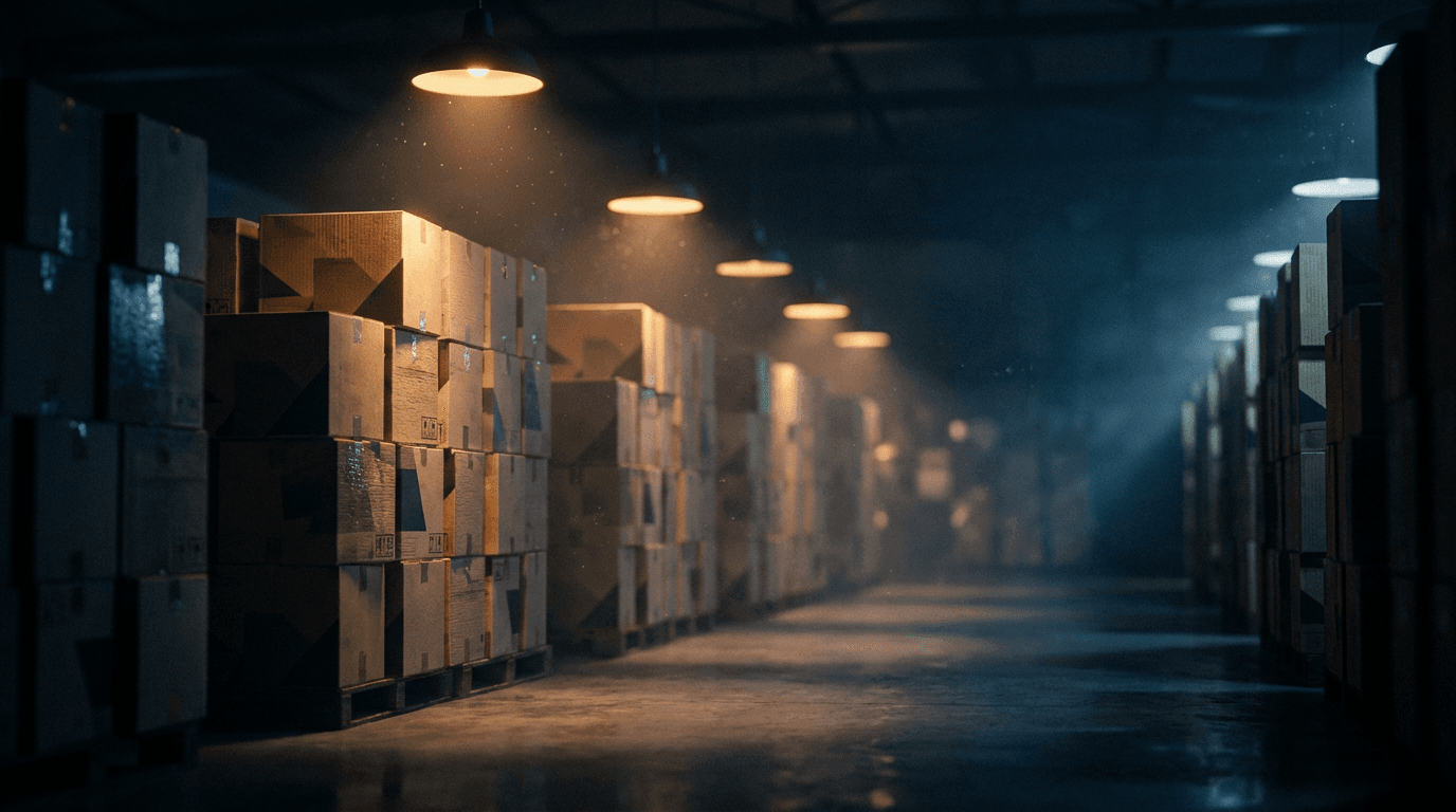 Estante con cajas de baleros y bandas industriales en un almacén con luz natural