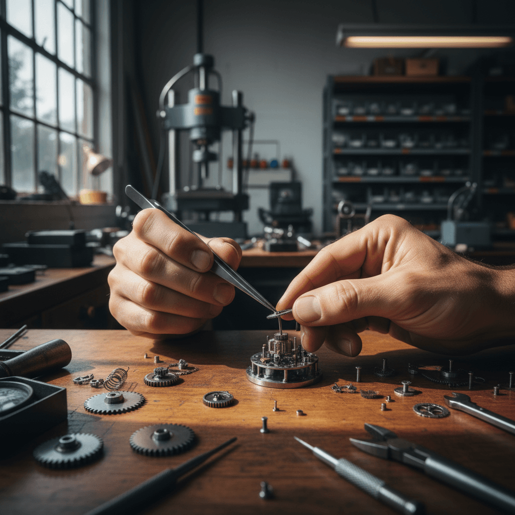 Primer plano de manos enguantadas sosteniendo un balero sobre mesa de taller