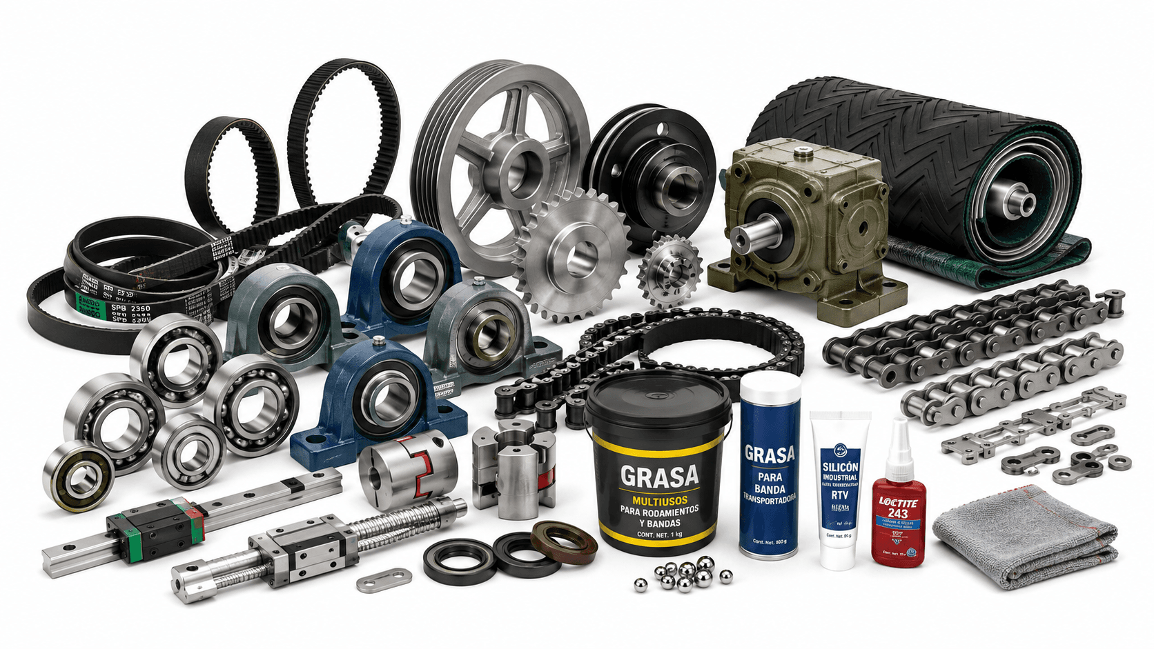 Variedad de componentes mecánicos industriales, rodamientos, engranajes, correas y lubricantes sobre fondo blanco.