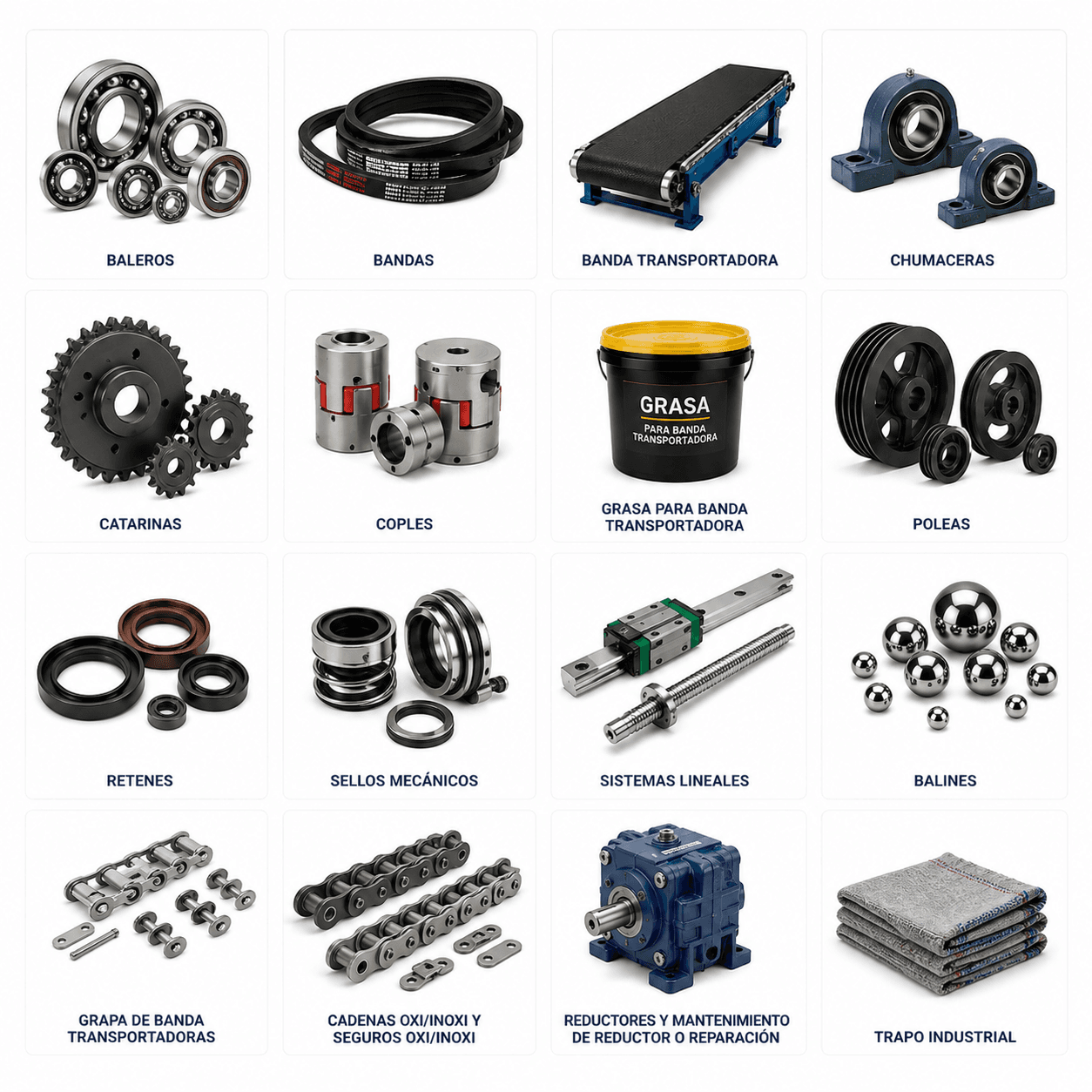 Catálogo de componentes industriales como rodamientos, bandas, poleas, cadenas y suministros para mantenimiento mecánico.